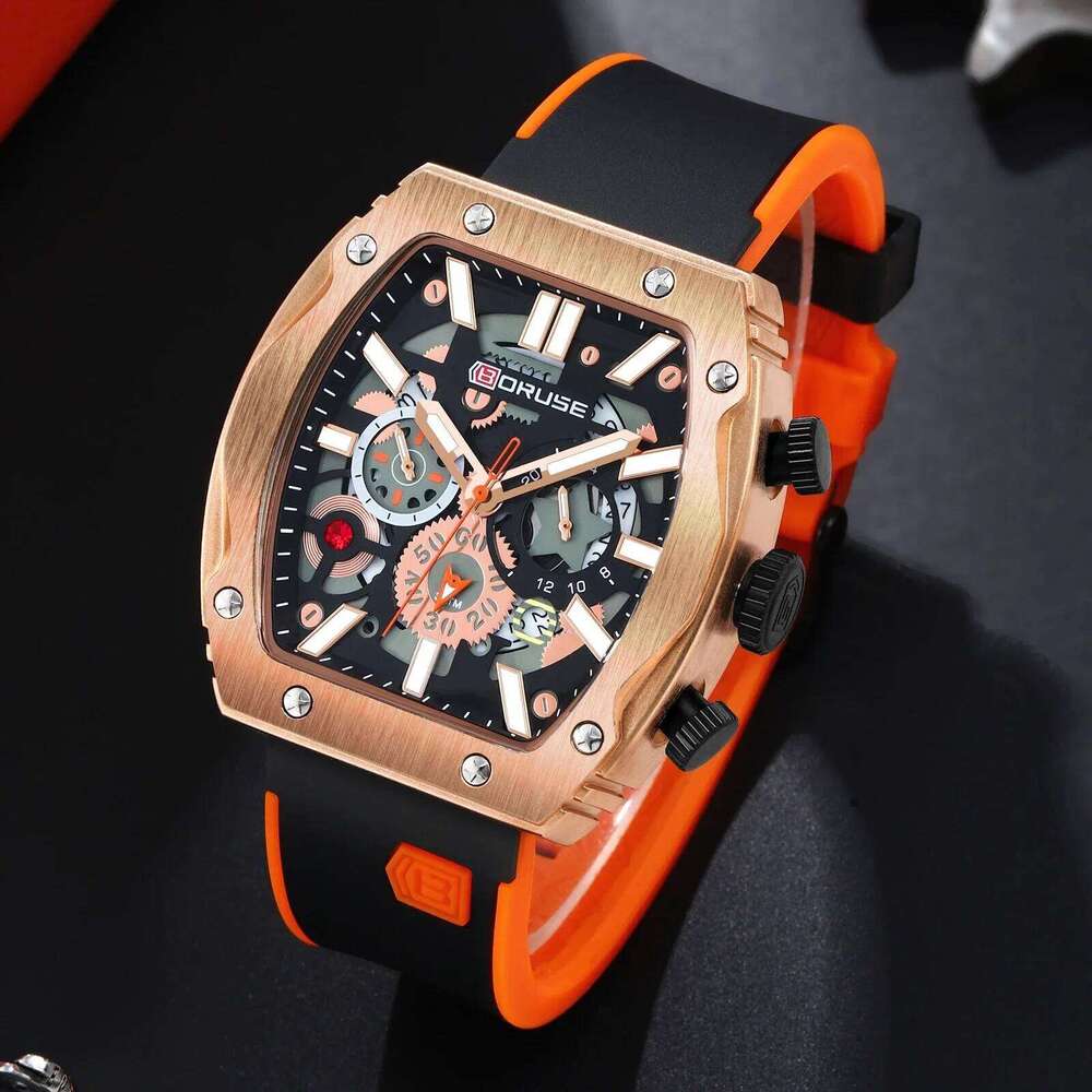 BORUSE 2Pcs/set Fashion Men's Mens Black Orange Silica Strap Necklace And Watch Male Quartz Movement Is The Best Choice