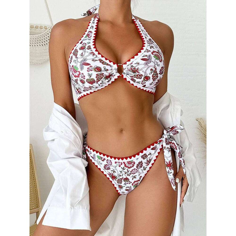 2025 Halter String Ring Link Bikini Women Printed Swimwear Female Floral Swimsuit Bathers Bathing Swimming Suit Beachwear Summer Y260303
