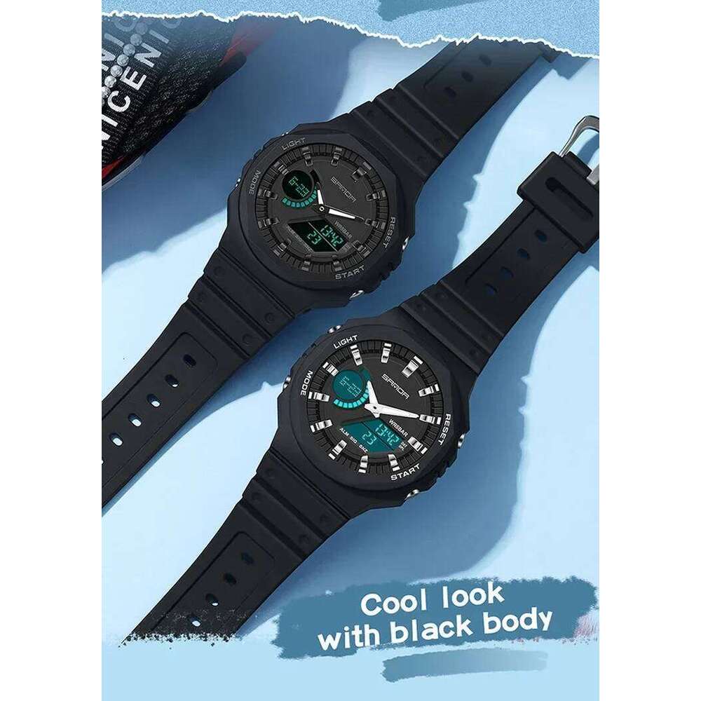 SANDA 6016 LED Dual Display Digital Mens Wristwatches Waterproof Military Luxury Sport Quartz Watch for Men Shockproof Countdown