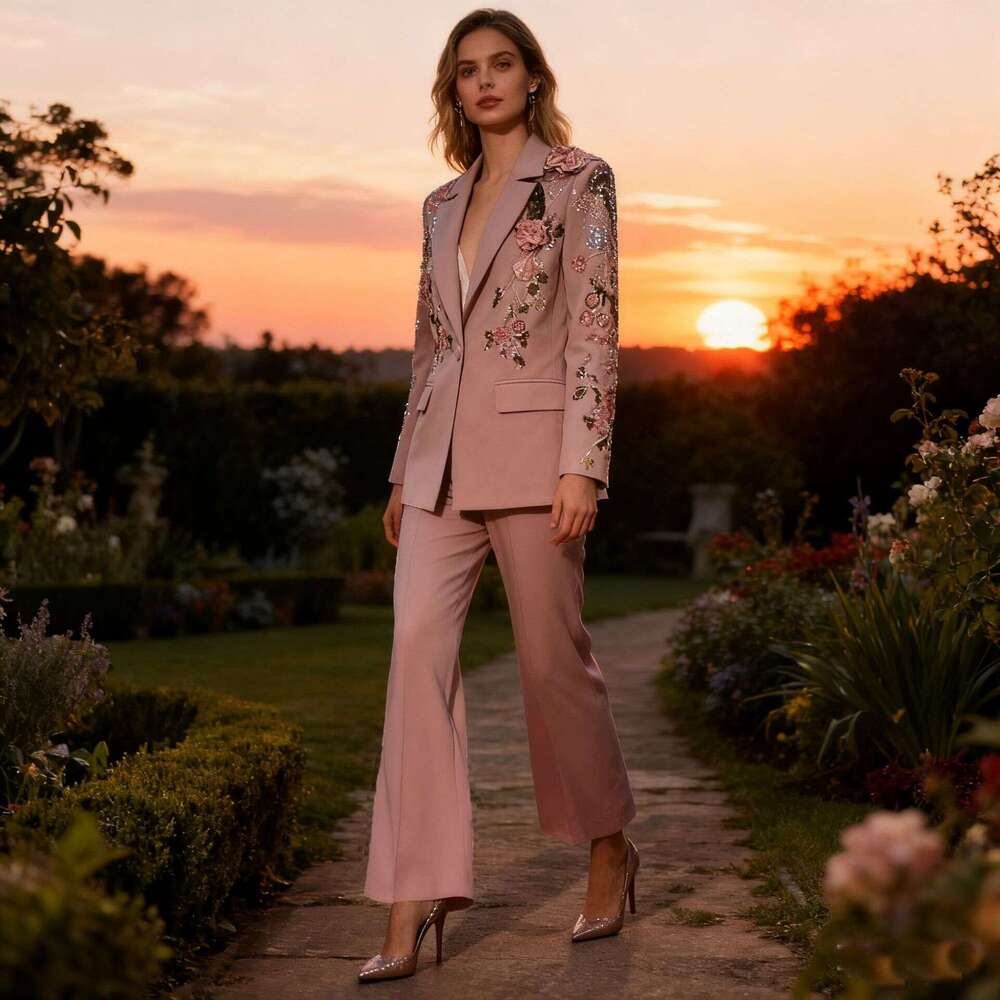 French Style Beaded Floral Long Sleeve Suit Set Spring New Model High End Waist Cinching Wide Leg Two Piece Set For Women