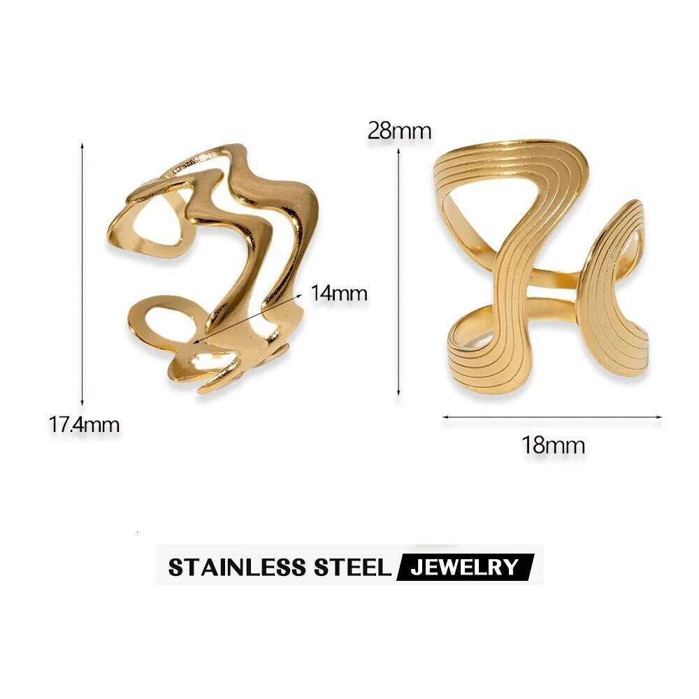 Stainless Steel Irregular Wave Rings for Women Men Creative Gold Color Adjustable Opening Ring Female Statement Jewelry Gifts H260312