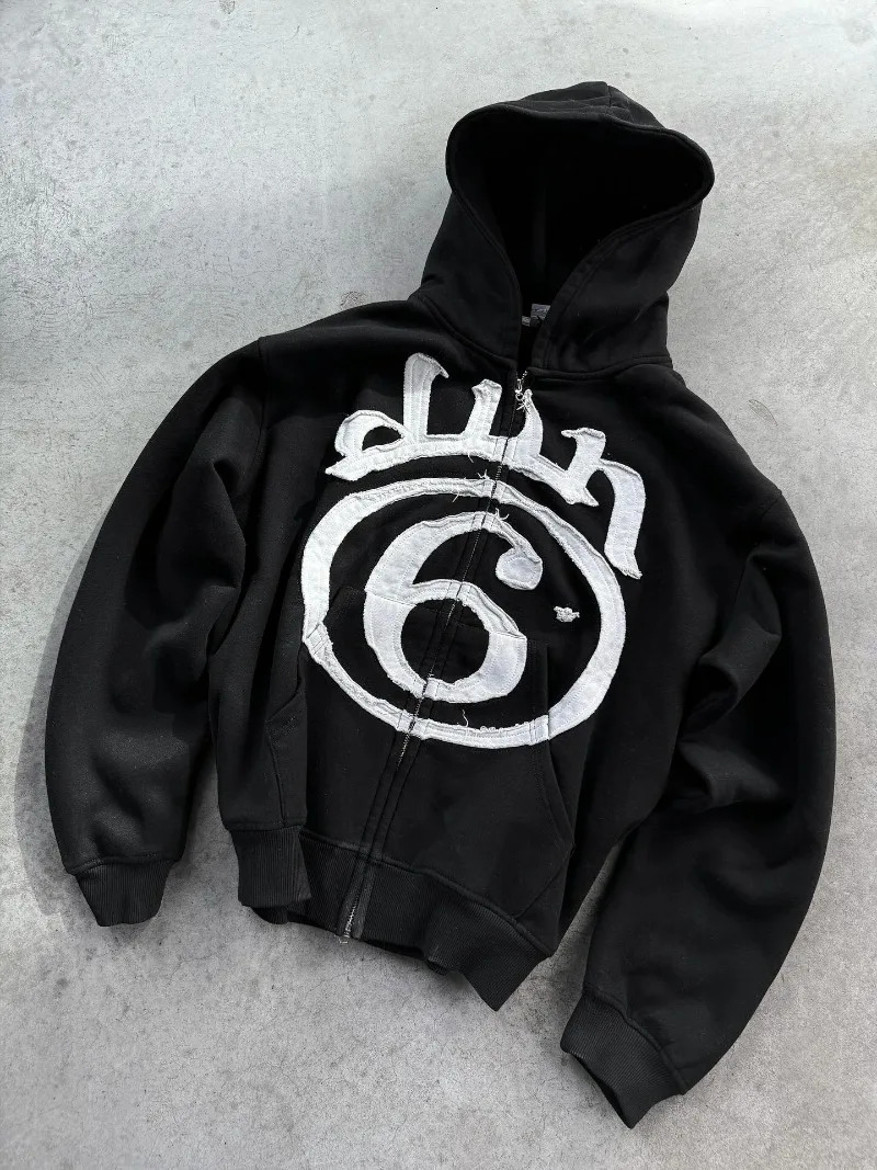 Y2K Clothing Fashion Letter Embroidery Patch Zipper Hooded Sweater Men Gothic Harajuku Hip Hop Casual Sweatshirt 260311