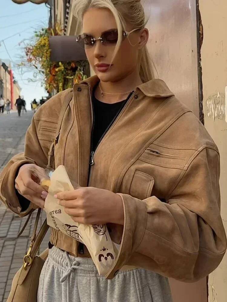 Elegant Brown Loose Short Suedejacket Women Lapel Lantern Sleeves Outwears Fashion Spring Autumn Female Daily Commute Coat 2026
