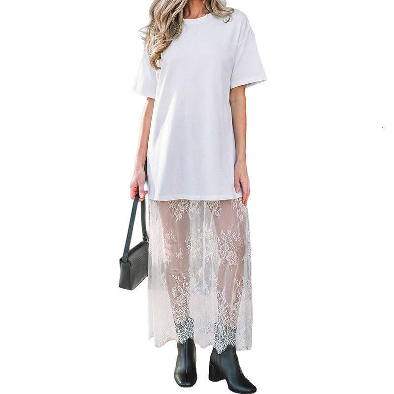 2025 Summer New Solid Color Long Women, European and American Style, Unique Design, Lace Patchwork Short Sleeve Dress for Women