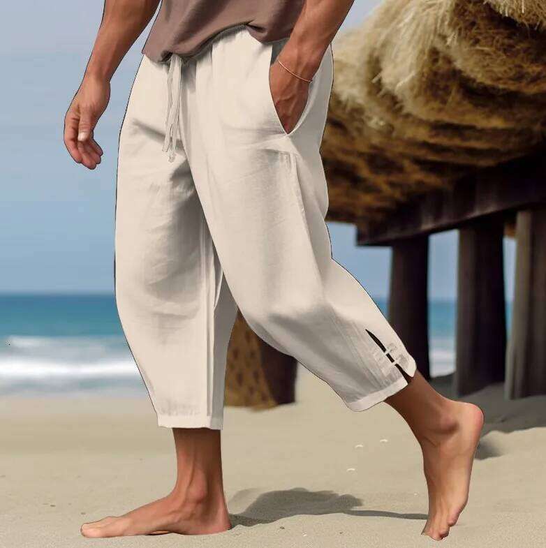 Men's Linen Summer Beach Spring Elastic Waistband Comfortable and Breathable Calf Captcha Pants
