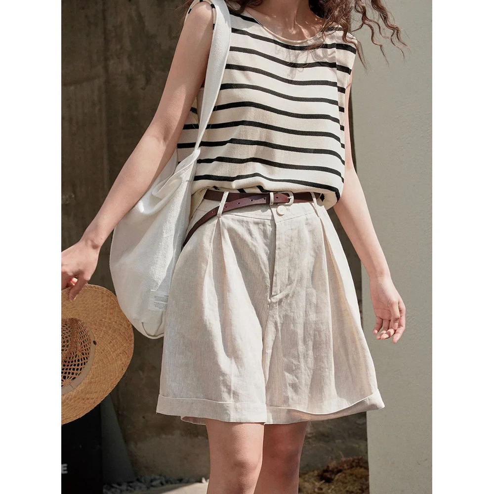 Summer Korea Style Lazy Linen Curled Bermuda Shorts Wide Leg Loose Slim Casual Pants For Women 260306