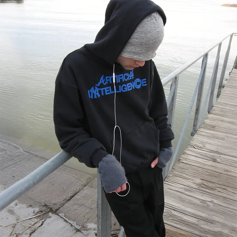 AI Artificial Intelligence Pattern Printing Oversize Black Casual Loose Pullover Hooded Y2K Men Women Trendy Hip Hop Streetwear 260311