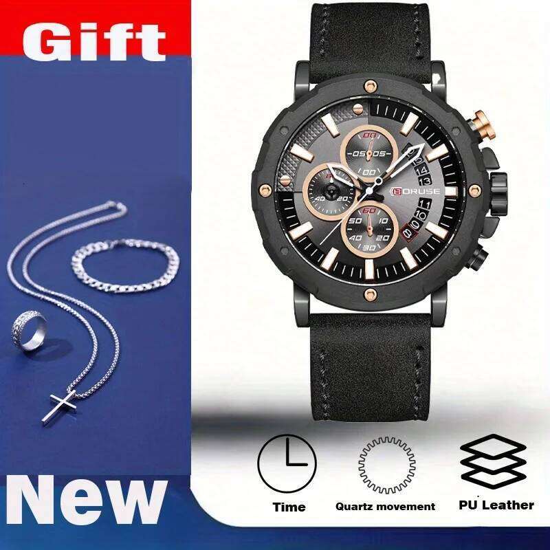 4pcs/set, BORUSE Luxury Watches & Cross Necklace Sets, Mens Quartz Casual Date Watch for Wristwatch Men Gift