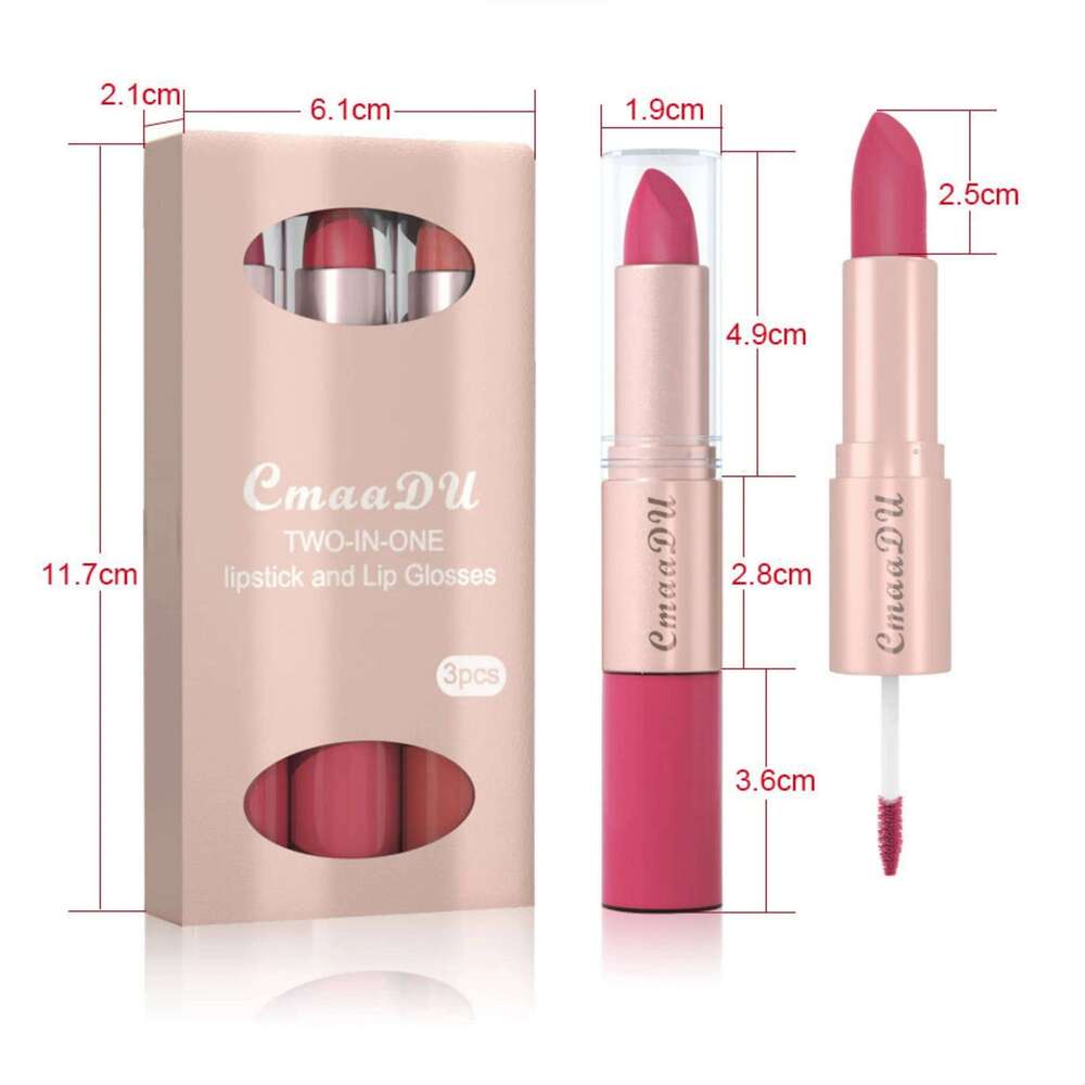 3pcs Lipstick Lipgloss Set Double Head Non-stick Cup Waterproof Sexy Woman Lip Makeup Long Lasting Lipsticks Kit W260311