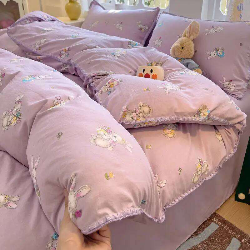 Ins Bedding Purple Love Stripe Double Layer Yarn Four Piece Dormitory Girl Heart Bed Sheet And Quilt Set Washed Cotton H260312