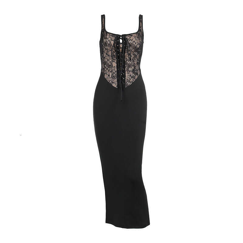 Summer New Sexy Hot Girl Long Elegant Slim Fit Vest Lace Patchwork Tie Dress For Women