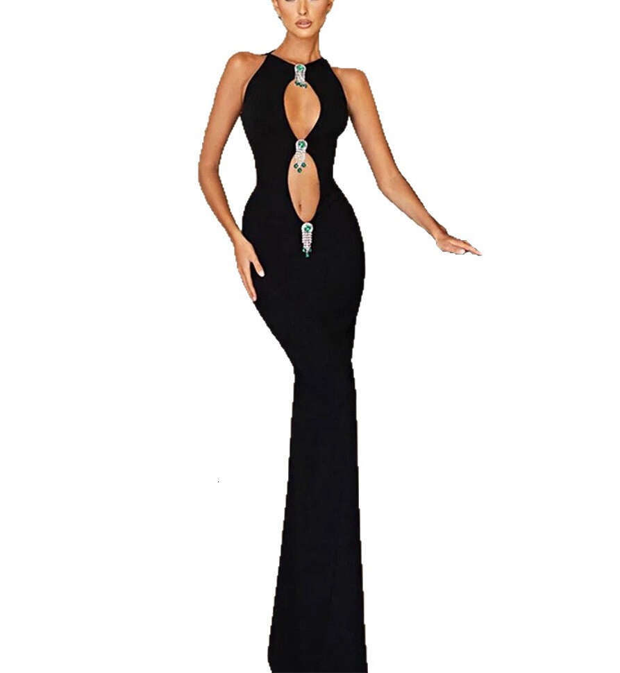 2026 new women's European and American niche fashion sexy large hollow diamond decoration sleeveless slim a23 fit goddess long skirt