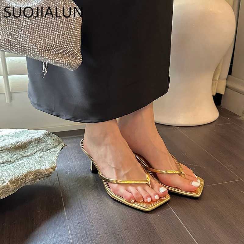 SUOJIALUN 2023 Summer Thin High Heel Women Slipper Fashion Narrow Band Slip On Ladies Flip Flop Outdoor Dress Sandal Slides Shoe K260312