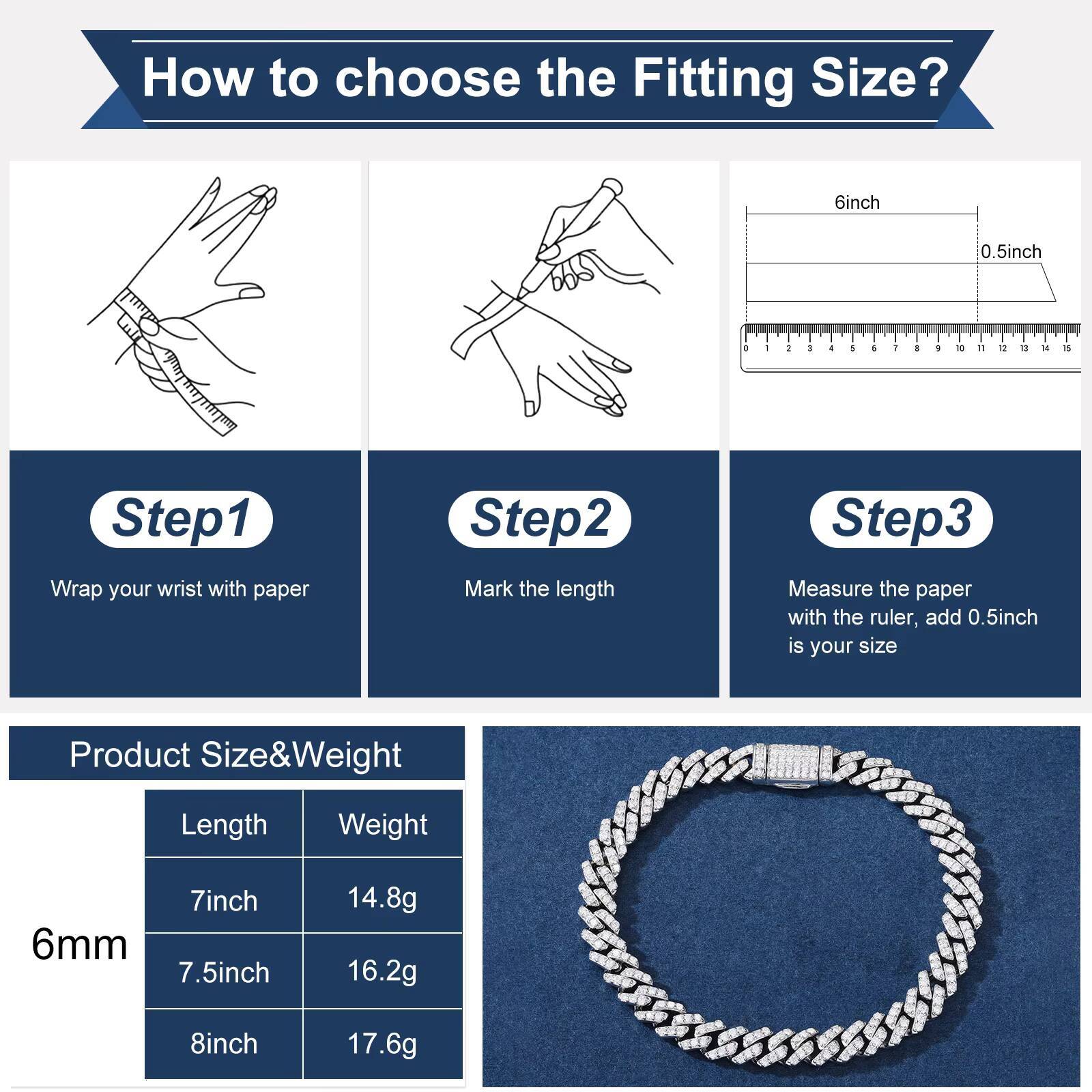 6mm White Gold 925 Sterling Silver VVS Moissanite Diamond Cuban Link Chain Bracelet Iced Out Mossanite Jewelry for Men Women