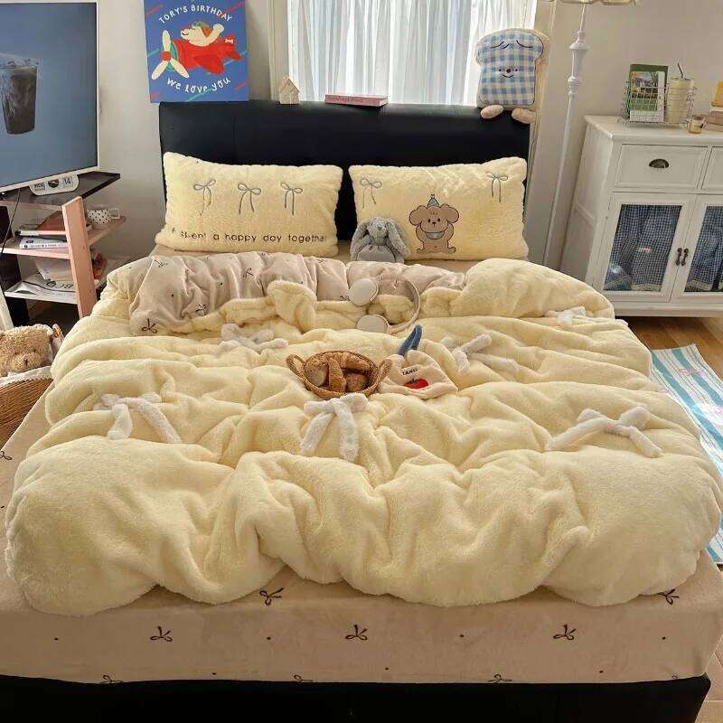 2025 winter new soft rabbit four-piece set three-dimensional bow thickened warm milk fleece duvet cover dormitory H260312