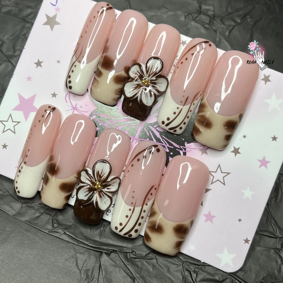 10pcs Blush Pink Press On Nails Handmade 3D Flower False Nail Art Presson Reusable French Style Glossy Almond Fake Nail Tips Art 260307