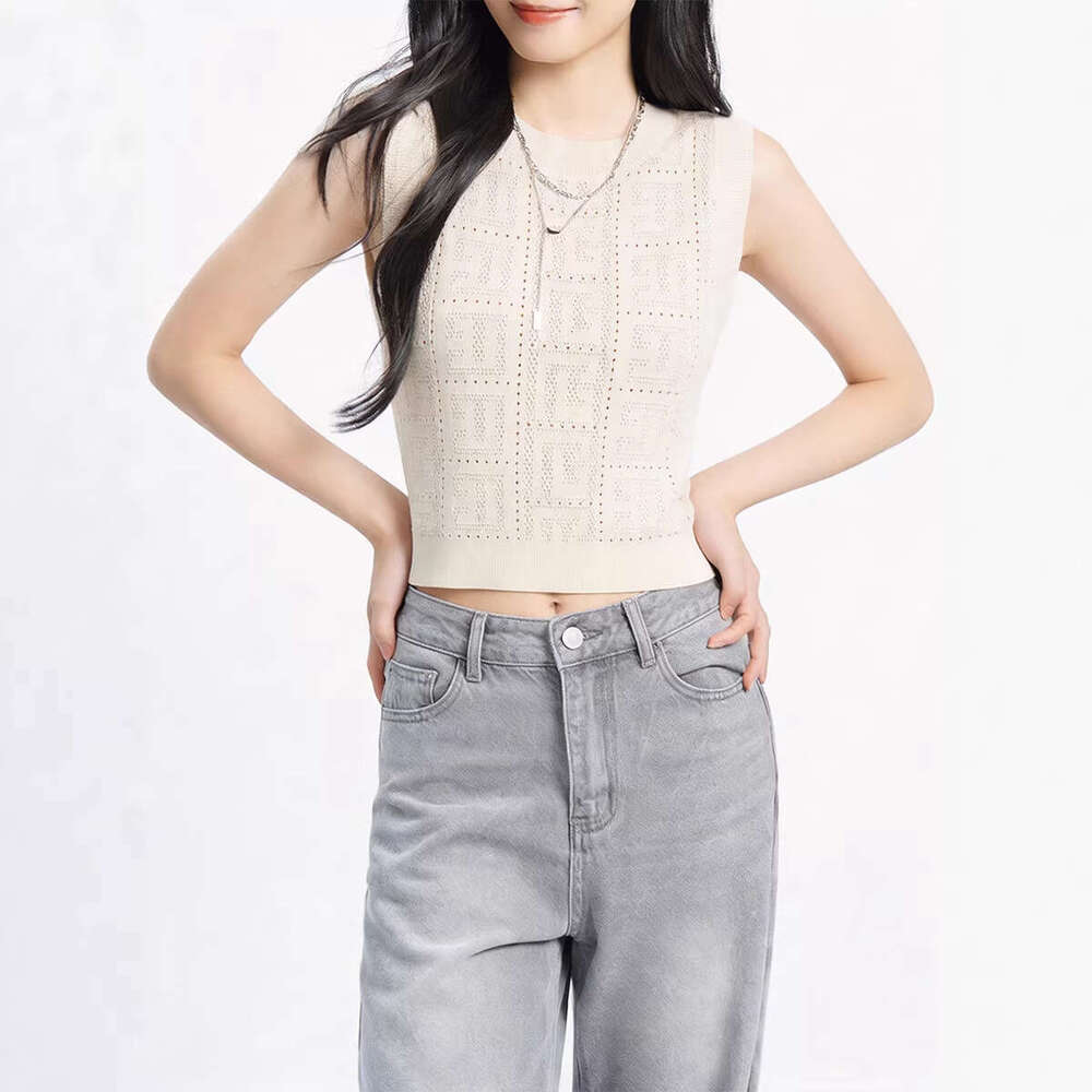 New Summer Women See-through Holes Geometrical Pattern Sleeveless Crop Top Slim Shorts 2PCS Knitted Sets Cool Fabric