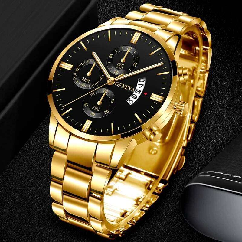 5pcs Necklace Bracelet Ring Mens Watches Set Fashion Luxury Men Stainless Steel Quartz Wrist Man Business Casual Watch