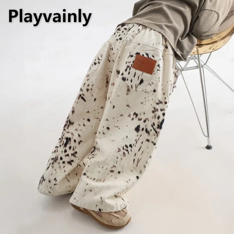 Korean Style 28Y Boys Jeans Spring Autumn Kids Apricot Leopard Print Casual Wide Leg Pants Children Versatile Trousers A05038 260311