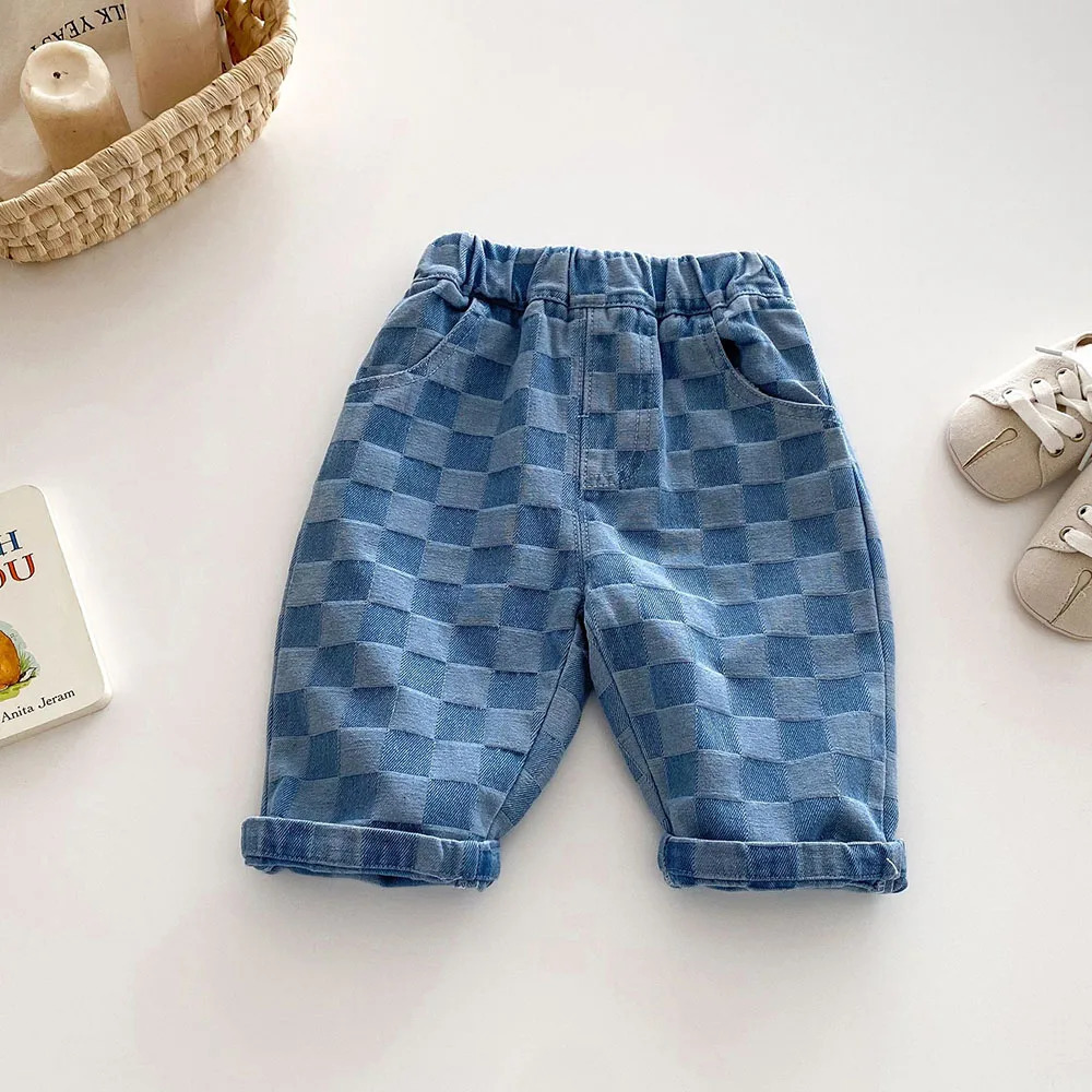 Autumn Kids Jeans 15T Girls Cute Lattice Color Block Trousers Children Thin Style Casual pants 260311