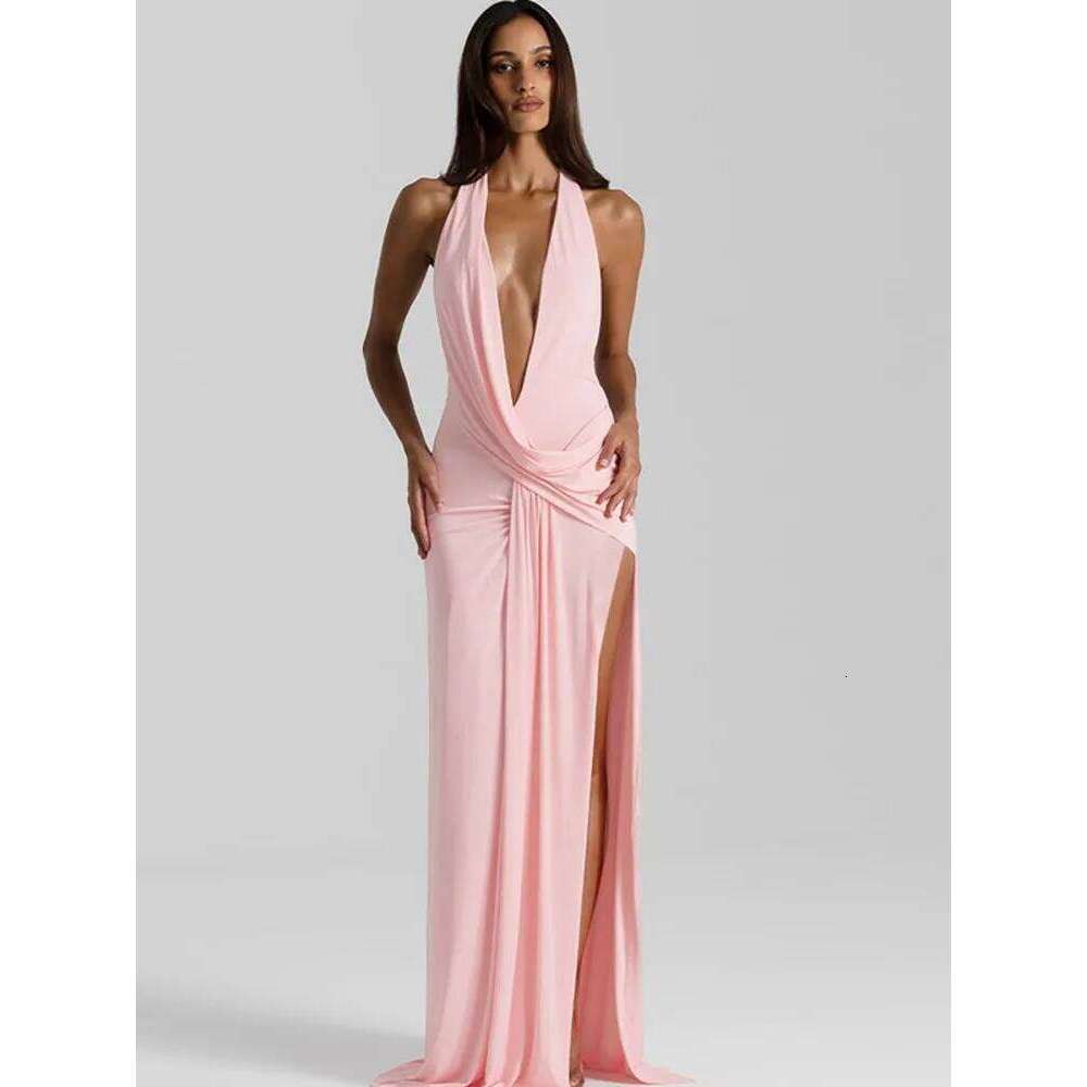 Mozision Halter Deep V Neck Backless Sexy Maxi Dress Women Gown Fashion Irregular Sleeveless Thigh High Split Club Party Dresses C260311