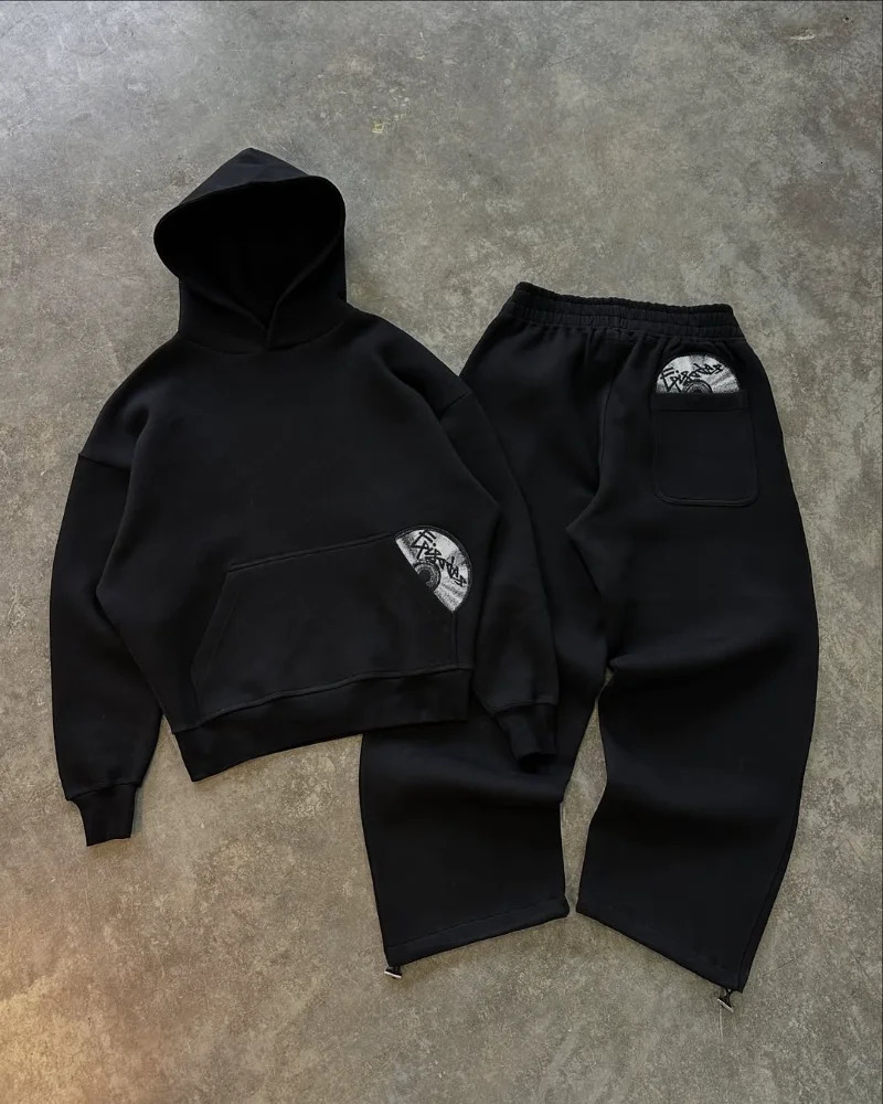 Street wear punk hip hop men suit Y2K American gothic Harajuku embroidery jumper oversized casual loose sports suit 260311