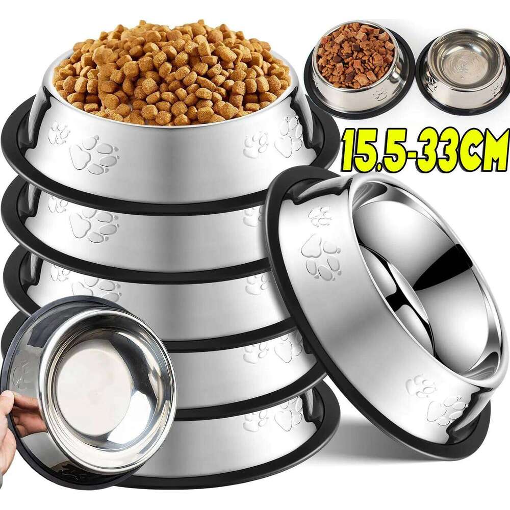 Stainless Steel Dog Cat Food Bowl Pets Quality Metal Pawprint Feeder Non-slip Pet Feeding Container with Rubber Base Accessories 26Y0312