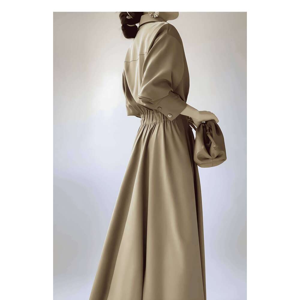 Spring and autumn women's long-sleeved lapel shirt dress, stylish elegant simple commuter Korean long skirt C260311
