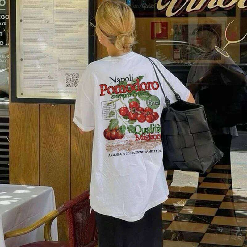 Napoli Tomato Women Vintage T-Shirt Loose Cute Botanical Fruit Shirt Retro Aesthetic Streetwear Graphic Tees Cottagecore Clothes Z260312