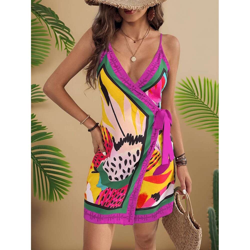2025 New Arrival: European and American Sexy Fashion Digital Print Tie-Neck V-Neck Strap Dress