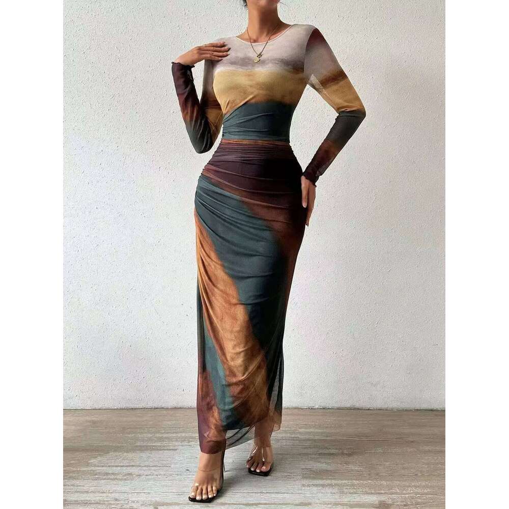 Fashionable Mesh Printed Pleated Sexy Tight Maxi Dress Woman Ruched Bodycon Elegant for Party and Evening C260312