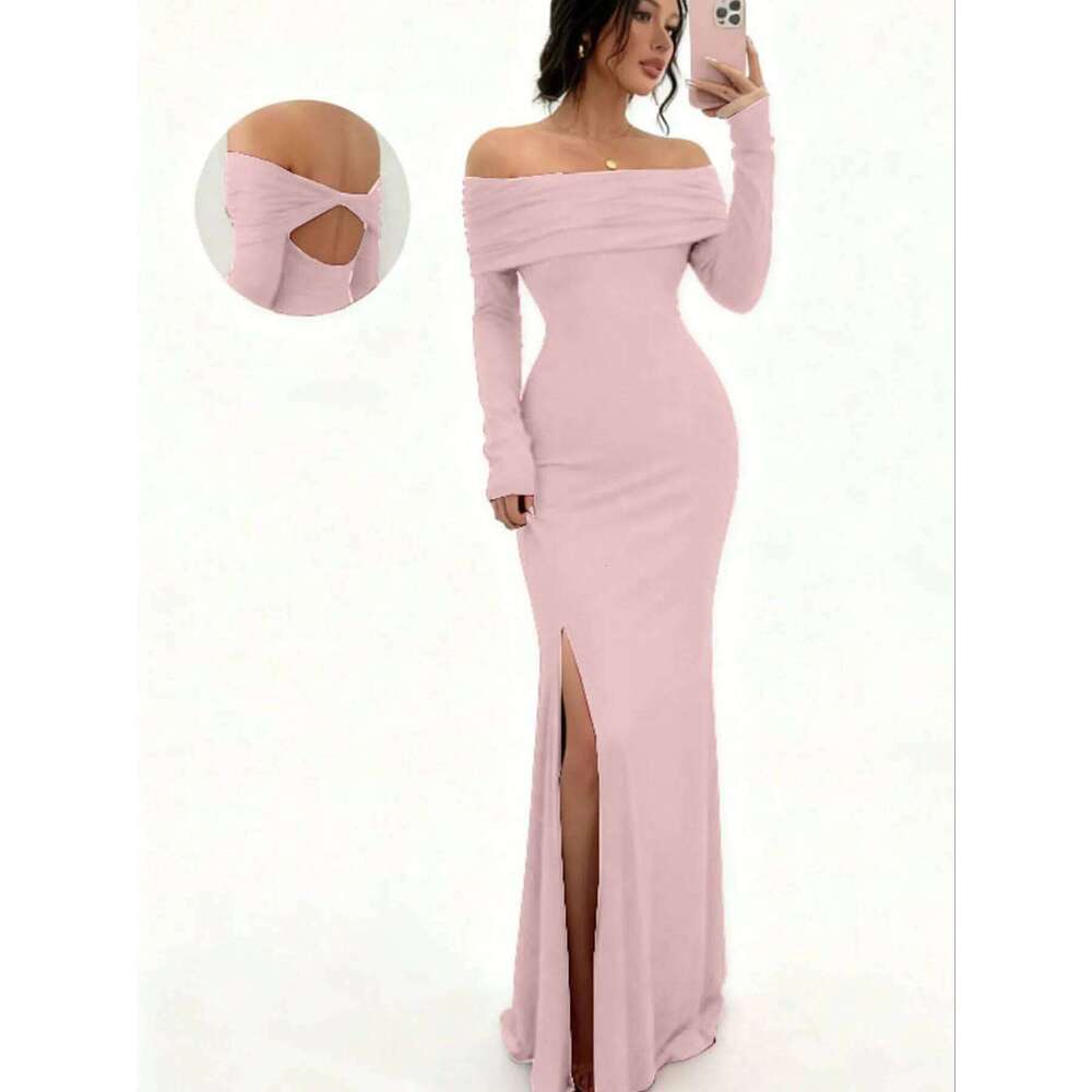 Women's Off-Shoulder Bodycon Dress - Long Sleeve High Slit Bandage Dress, Chic Figure-Hugging Midi C260311