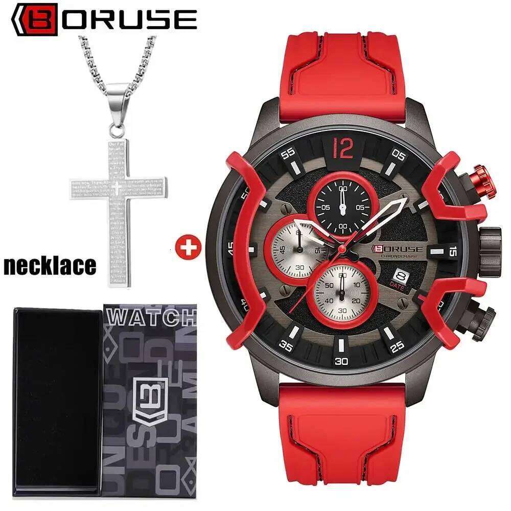 BORUSE 2Pcs/set Business Men's Quartz Watch Necklace Set Round Dial Silicone Red Strap Ideal Gift for Men