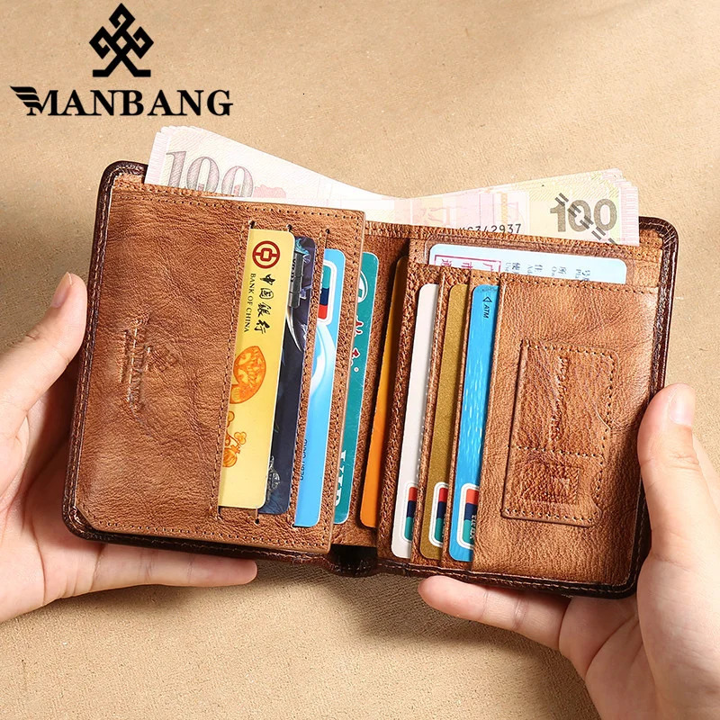 Manbang Mens Wallets RFID Genuine Leather Trifold Wallets For Men with ID Window and Credit Card Holder 260304