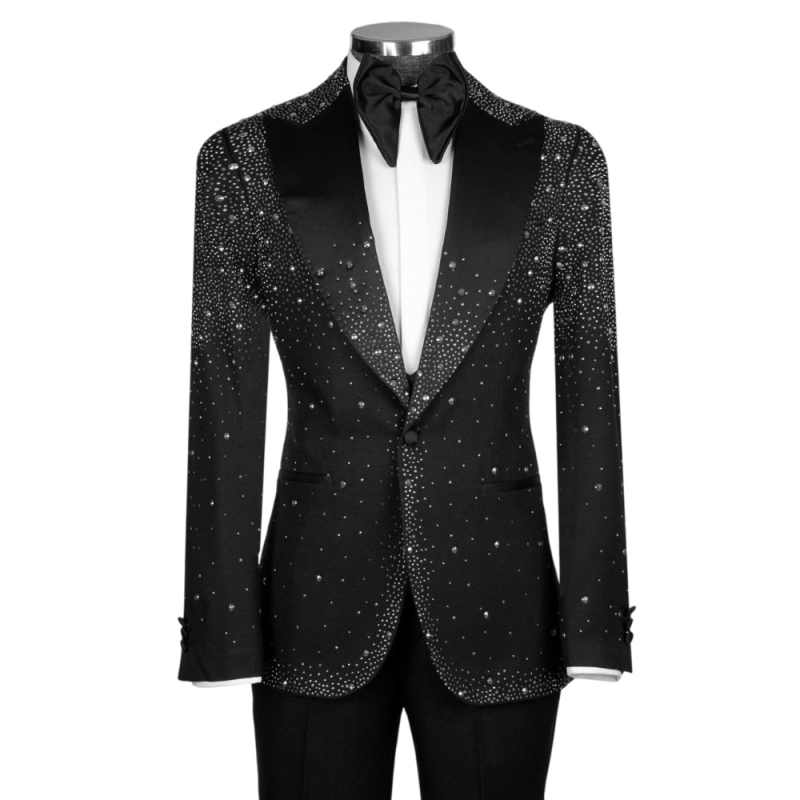 Black Bling Bling Gem Groom Suits 3D Tailored Man Suit Wedding & Business Set 2 Pieces Jacket And Pants