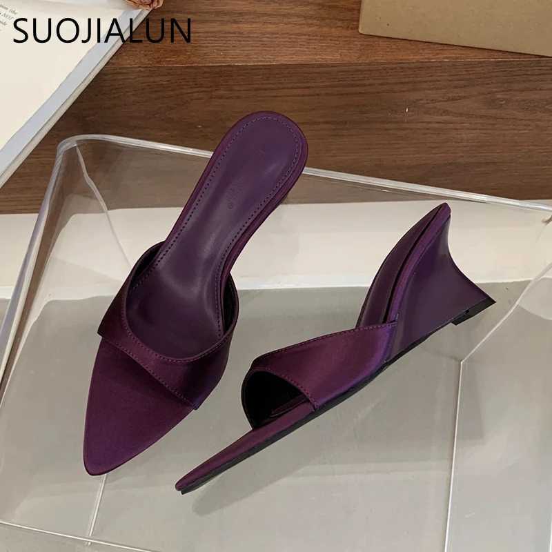 SUOJIALUN 2025 Summer New Women Slipper Fashion High Wedge Heel Slip On Open Toe Slides Ladies Elegant Outdoor Dress Sanda K260312