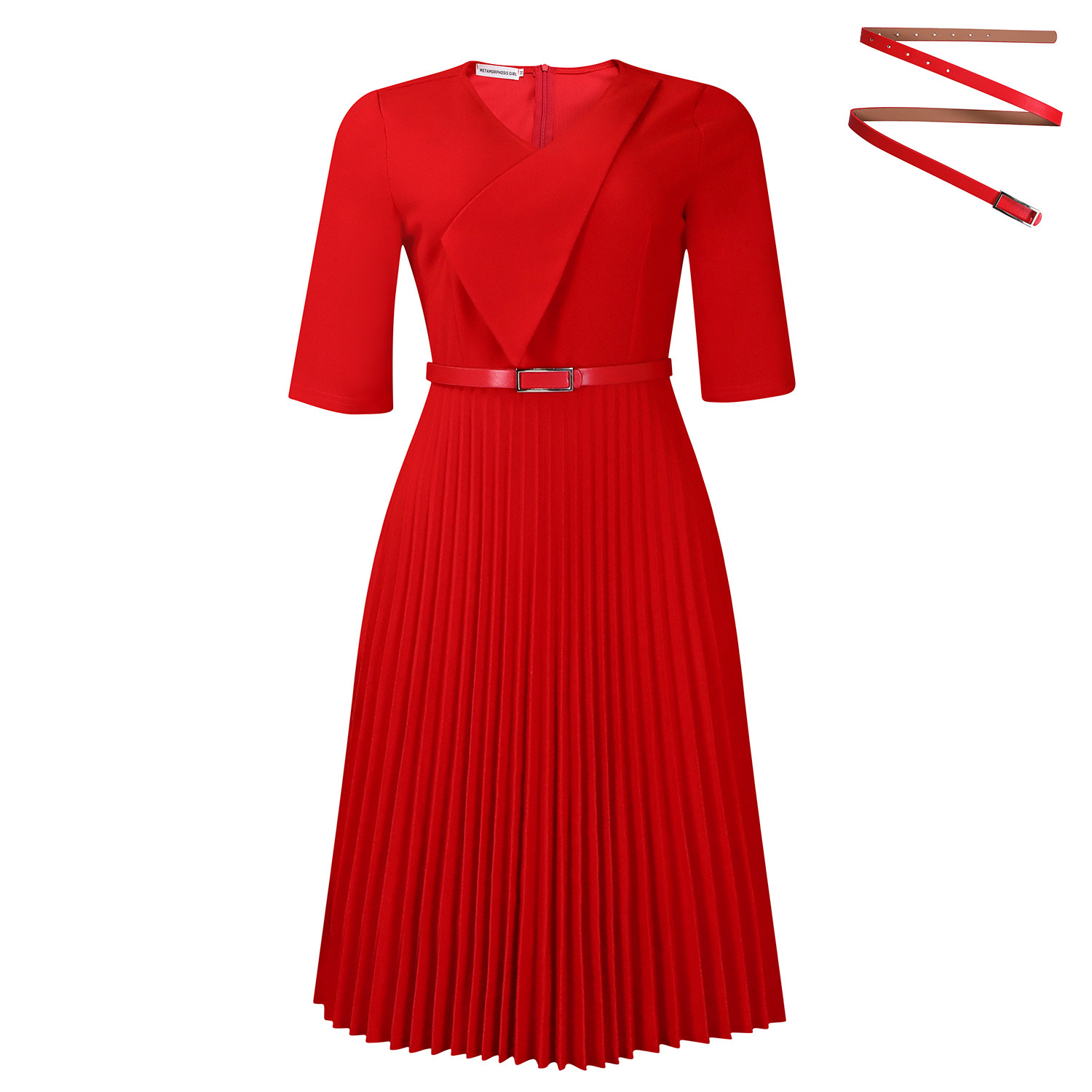D562 Womens Fashion 2025 Summer New Stylish Elegant V-neck Solid Color Plus Size Pleated Dress
