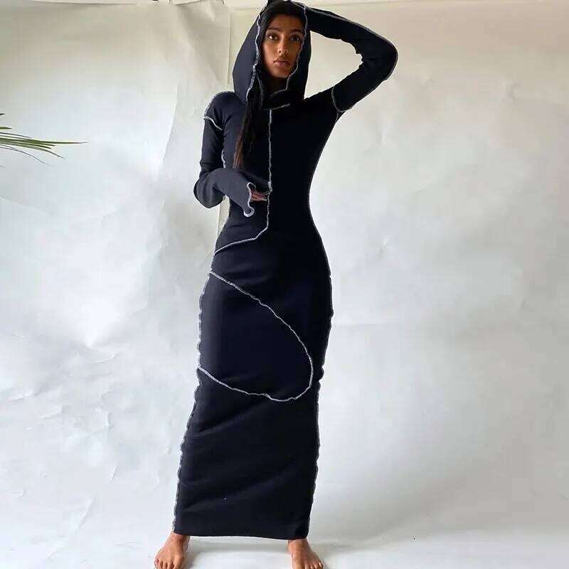 Dulzura Women 2024 Autumn Winter Fashion Sleeve Streetwear Bodycon Black Long Dress Items For Business C260312