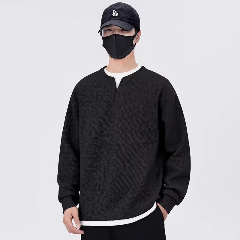 Fake Two-piece Textured Autumn And Winter Trendy Designer Hoodie Design Crew Neck Sweatshirt For Men Long-sleeve Top