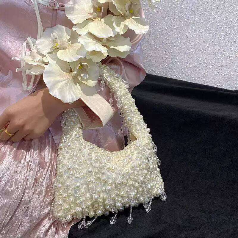 Beads Beaded Tassel Women Handbag Luxury Pearl Beading Handmade Evening Wedding Party Clutch Purse Shoulder Underarm Bag
