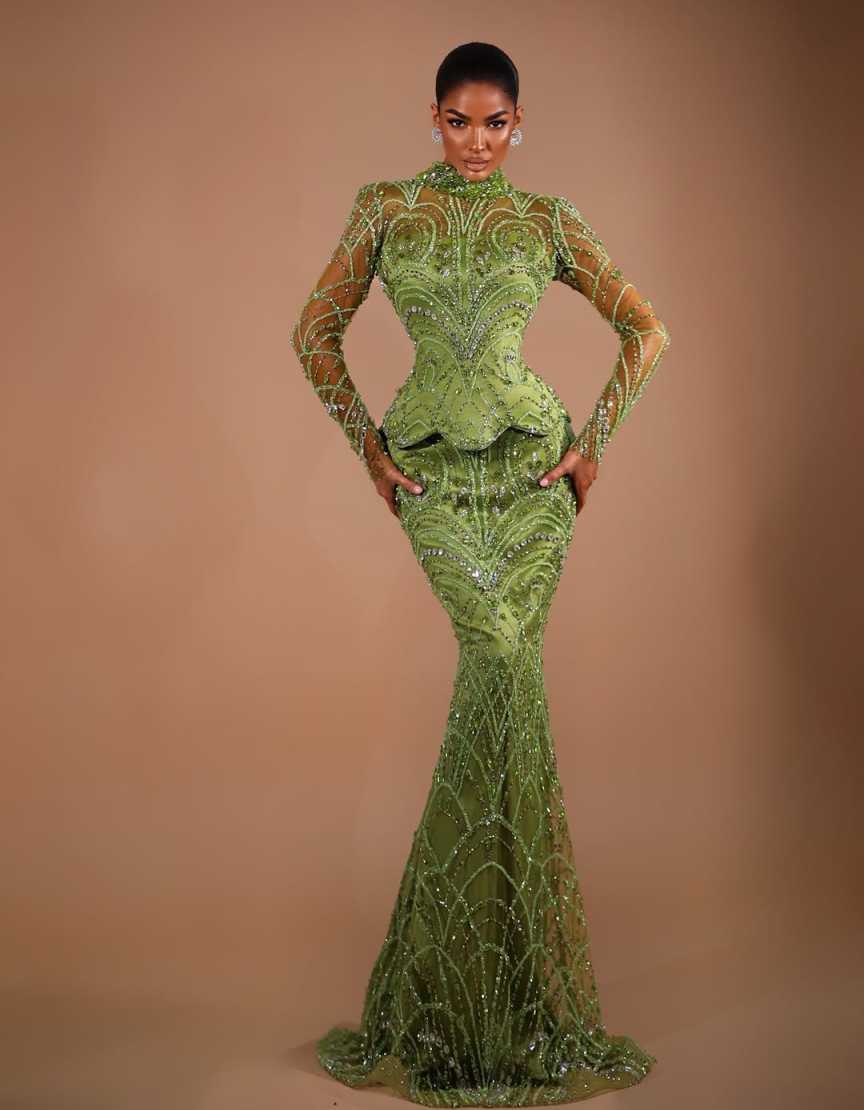 Elegant Green Mermaid Party Prom Dress Long Sleeve Crystal Sequins Party Dress Beaded Second Reception Engagement Gowns Customized