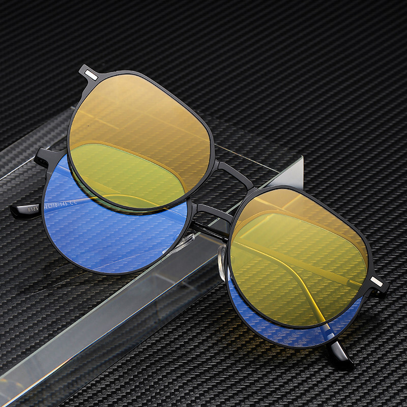 Multifunctional flat magnetic sunglasses for driving, anti-glare men's round-frame polarized clip-on sunglasses, trendy eyewear