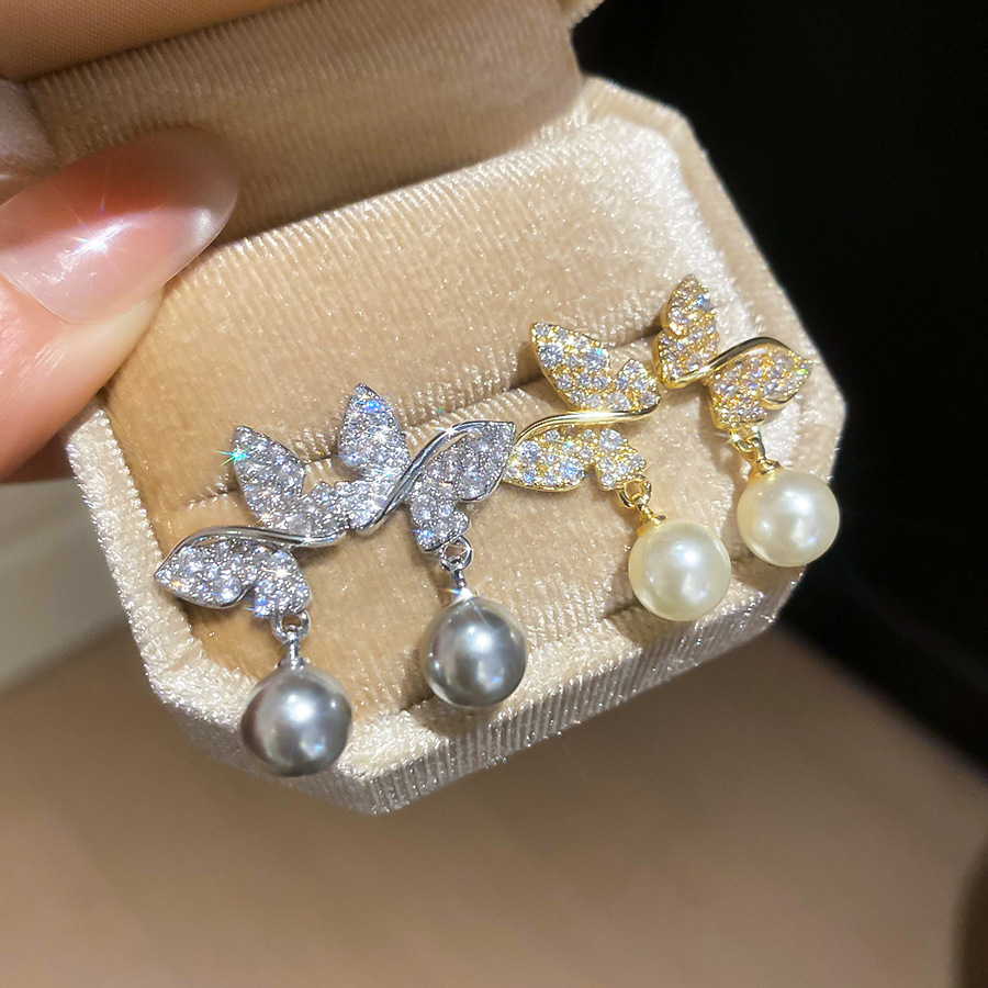 18k real gold plated silver needle zircon butterfly pearl vintage fashion temperament earrings, light luxury niche earrings