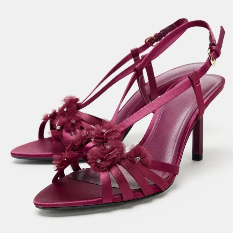 Elegant Heeled Sandal Flower Embellished Satin High Heels Sexy Open Toe Wedding Bridal Shoes 260306