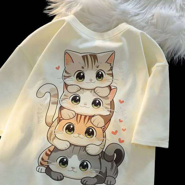 Cute Cartoon Cat Print Women's Round Neck Short Sleeved T-shirt Casual Loose Versatile Summer Tshirt Z260312