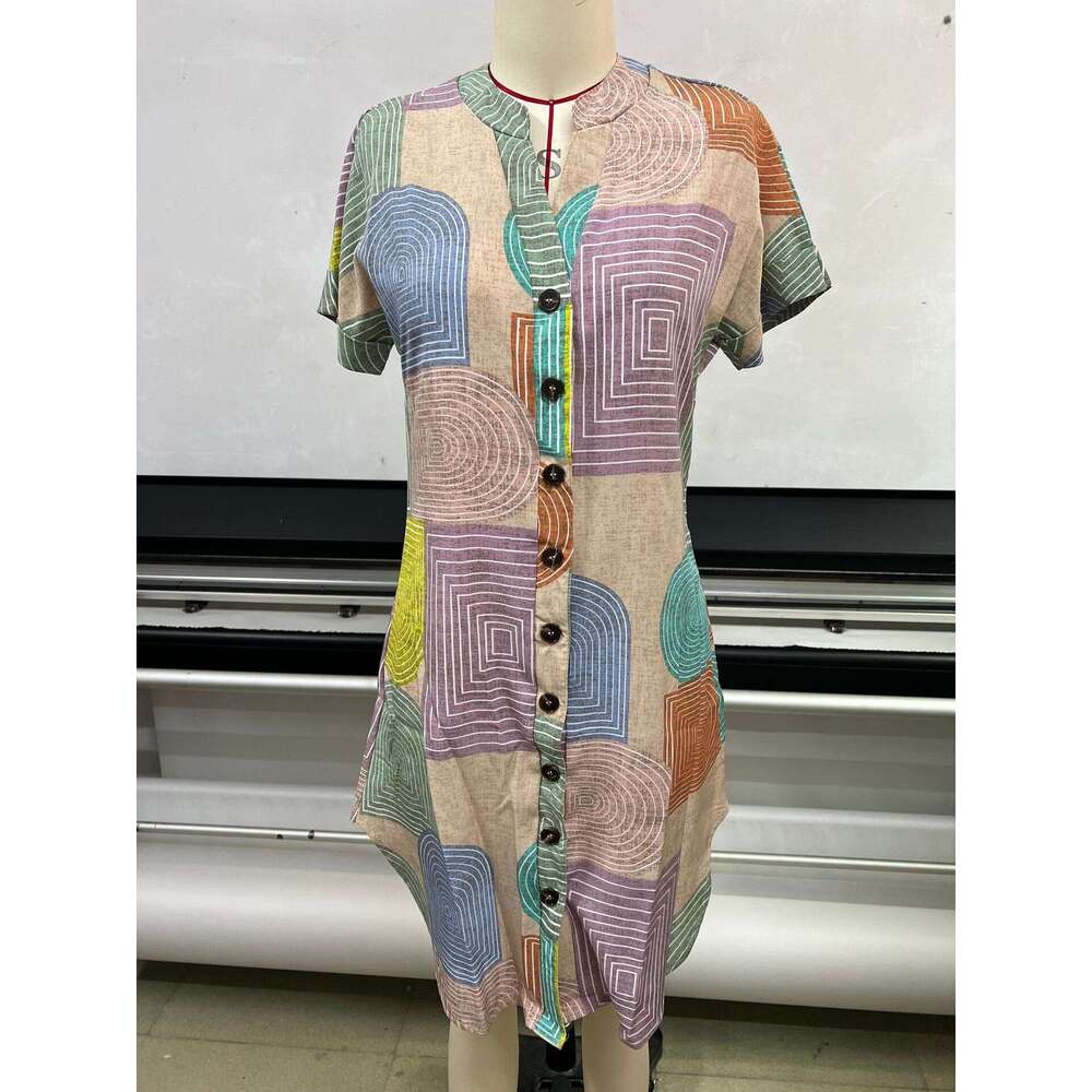 2025 European and American Amazon Summer Geometric Print Elegant V-Neck Buttoned Women's Short Sleeve Dress