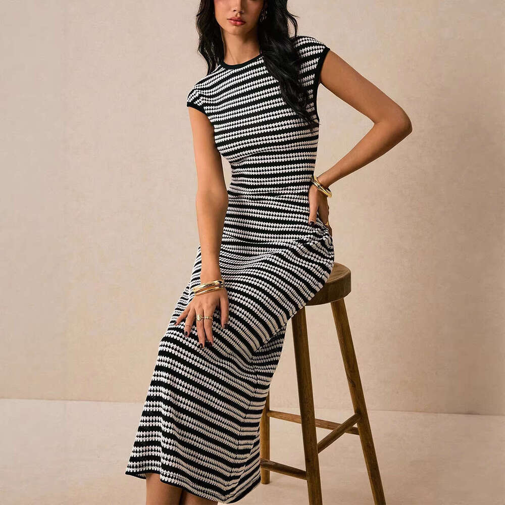 In-stock cross-border European and American striped knitted dress, Amazon foreign trade sleeveless slim-fit midi dress for women