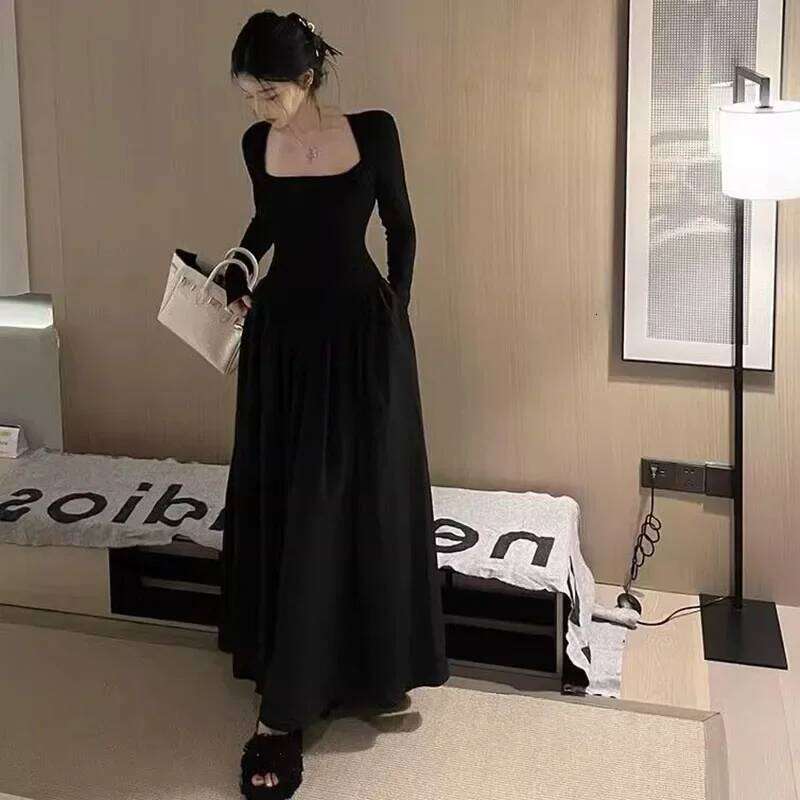 Korean Fashion High Waist Long Ladies Sexy Slim Low-Cut Square Collar Black Dresses Women Elegant Spliced A-Line Dress C260312
