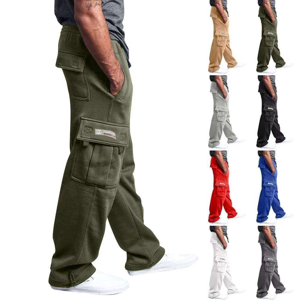 Men'S Cargo Rope Loosening Waist Solid Color Pocket Comfortable Loose Sports Trousers Casual Wide Leg Pants