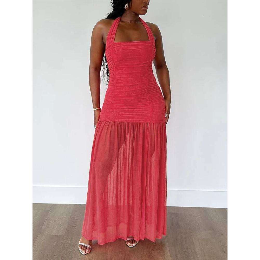 Nibber See Through Hem Dress Women Ruched Halter Summer Trend Sleeveless Backless Patchwork Midnight Clubwear Party Maxi Bodycon C260312